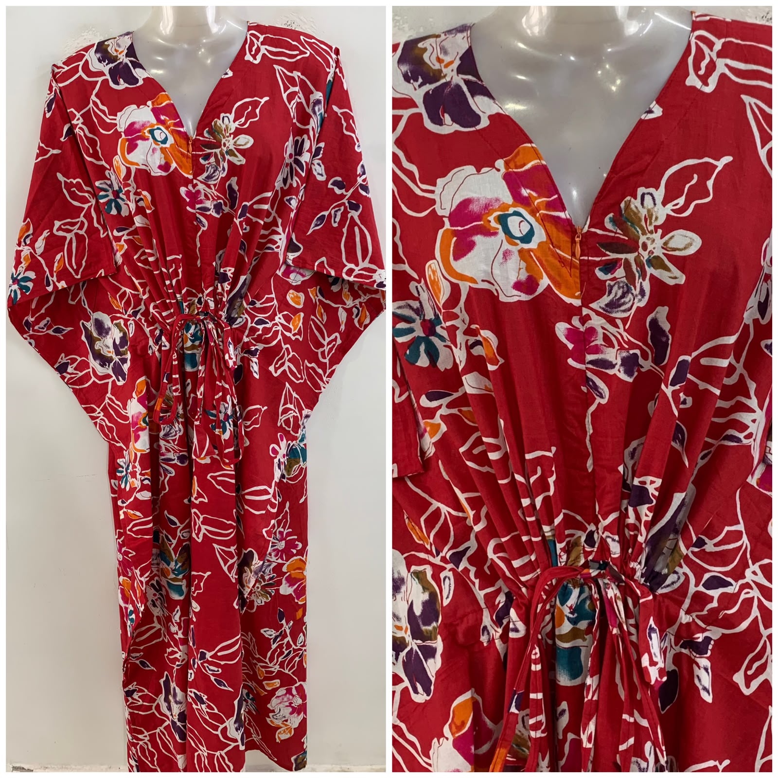 Red Shade Multicolor Flower Outliner Print Cotton Maternity Nursing Kaftan