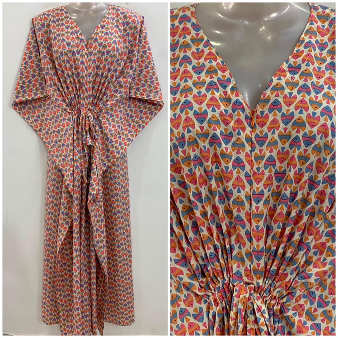 Off White Shade Blue-Orange Fishy Print Cotton Maternity Nursing Kaftan