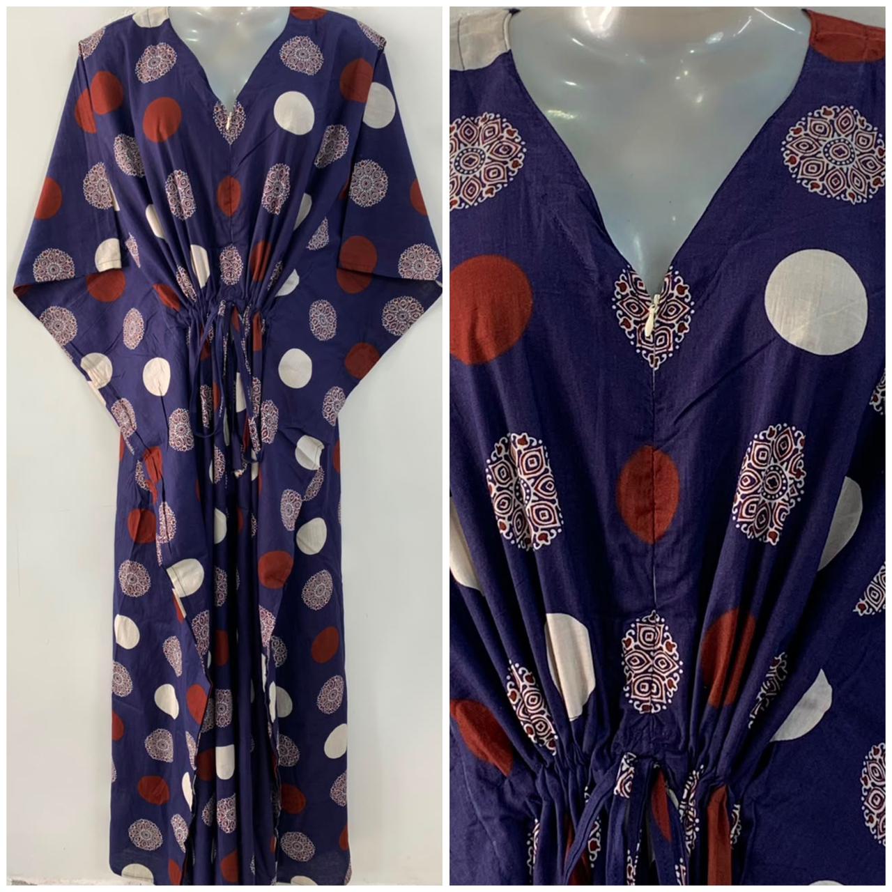 Navy Blue Shade Polka Dot Mandala Print Cotton Maternity Nursing Kaftan