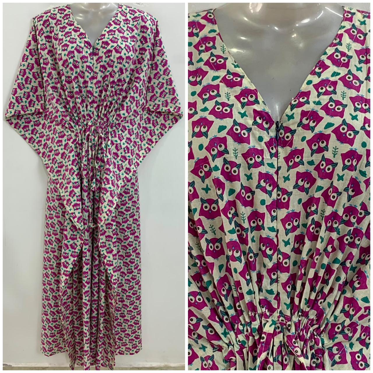 Off White Shade Purple Owl Print Cotton Maternity Nursing Kaftan
