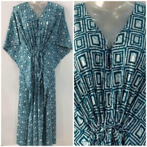 Dark Seagreen Twin Square Print Cotton Maternity Nursing Kaftan