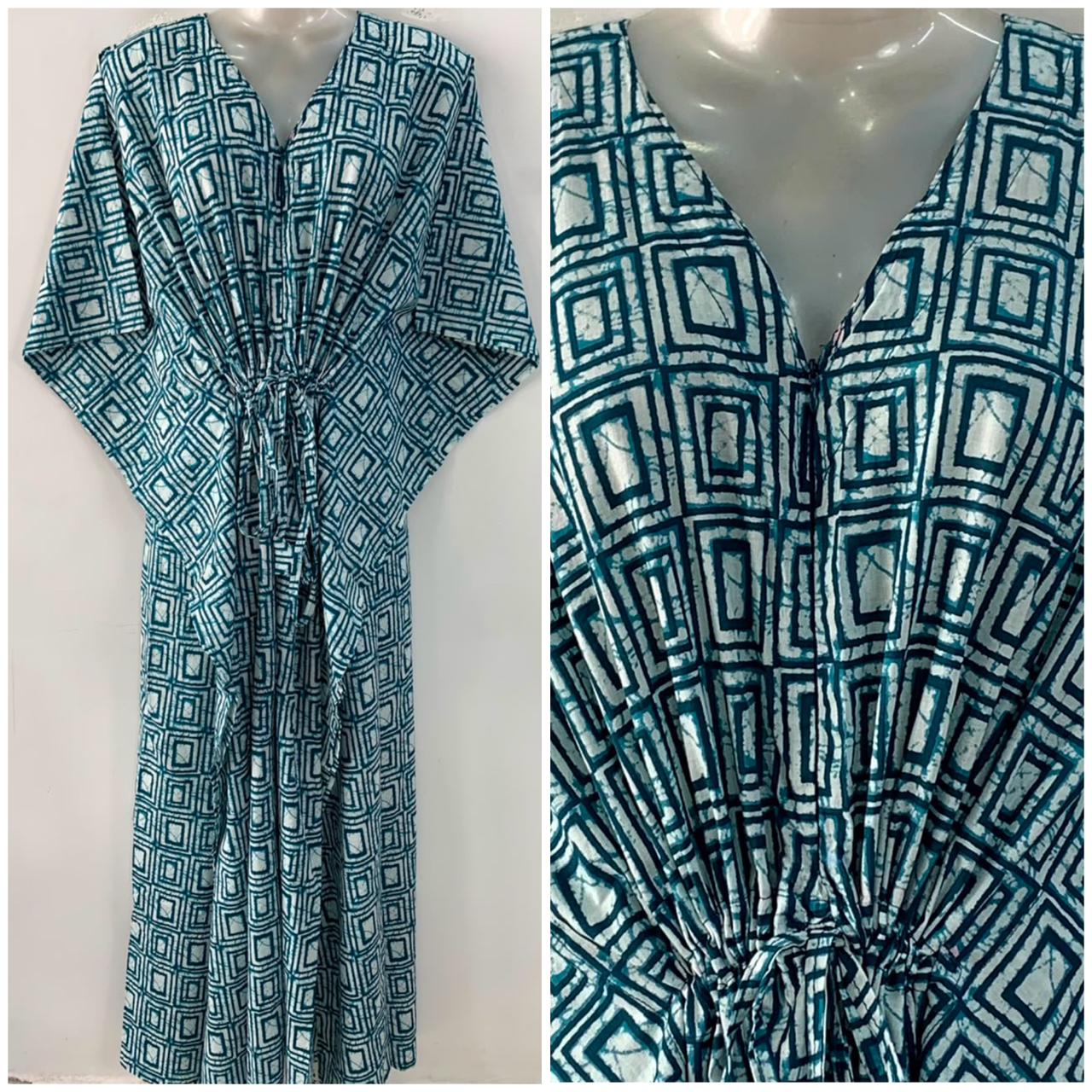 Dark Seagreen Twin Square Print Cotton Maternity Nursing Kaftan