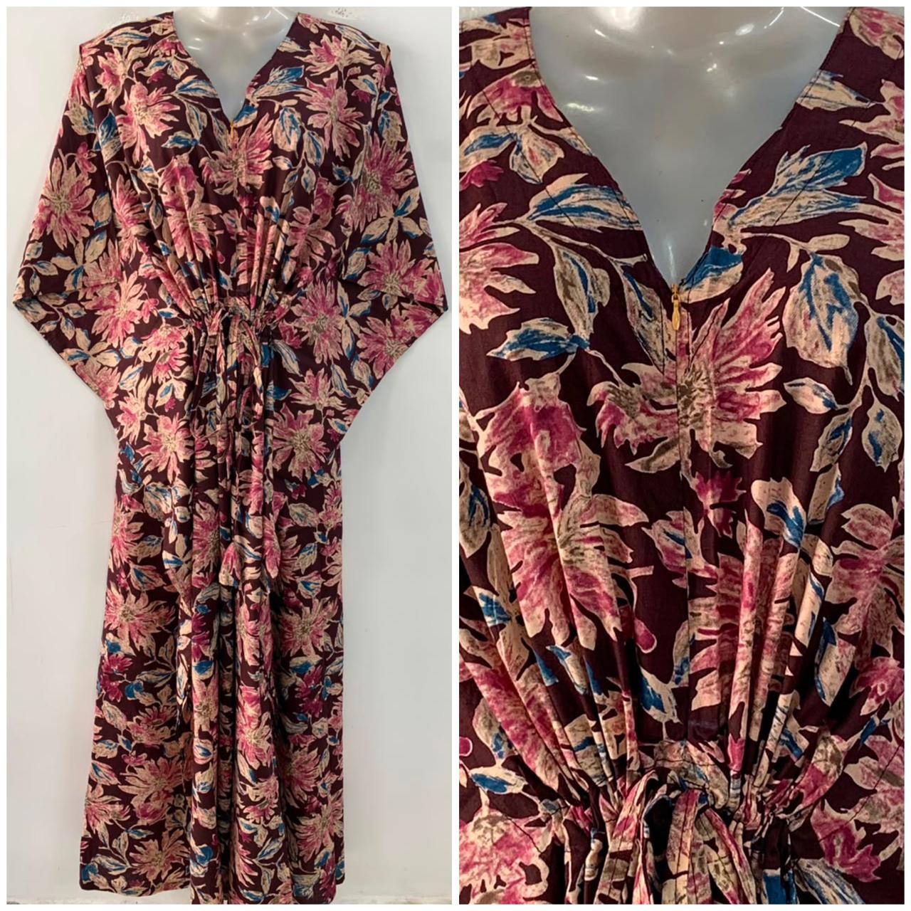 Dark Brown Shade Cactus Flower Print Cotton Maternity Nursing Kaftan