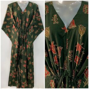 Dark Green Shade Red Bell Flower Print Cotton Maternity Nursing Kaftan