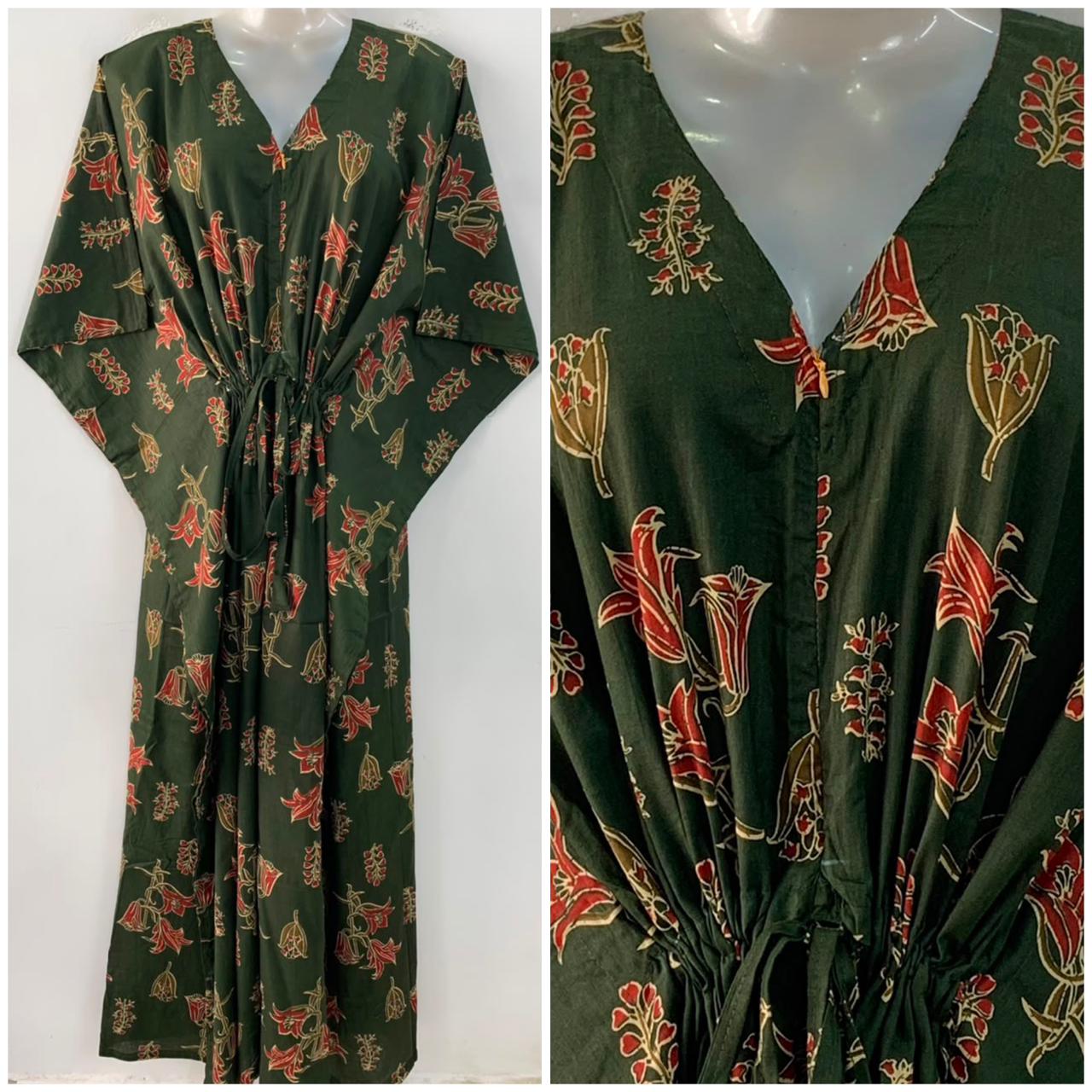 Dark Green Shade Red Bell Flower Print Cotton Maternity Nursing Kaftan