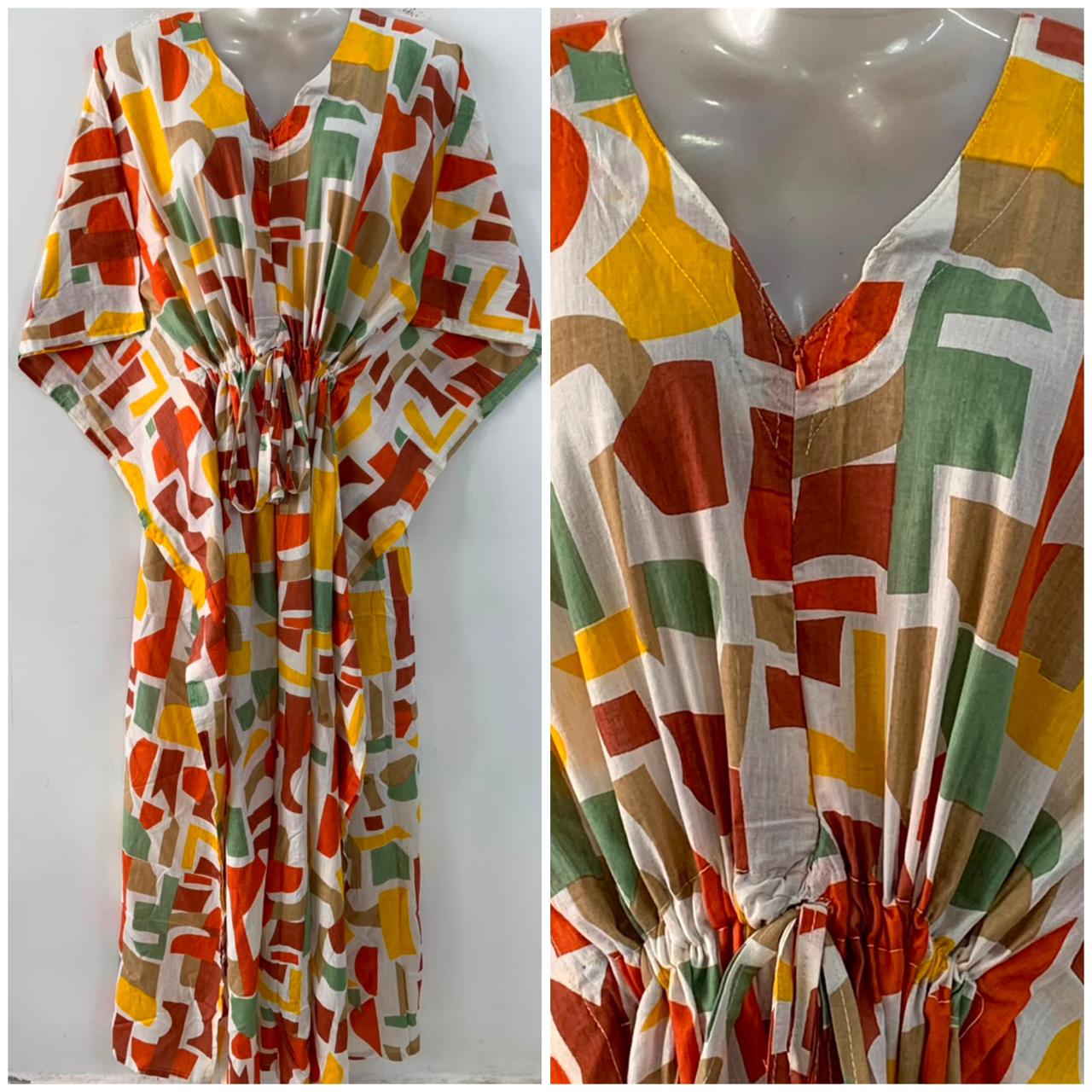 Yellow-Green Block Abstract Print Cotton Maternity Nursing Kaftan