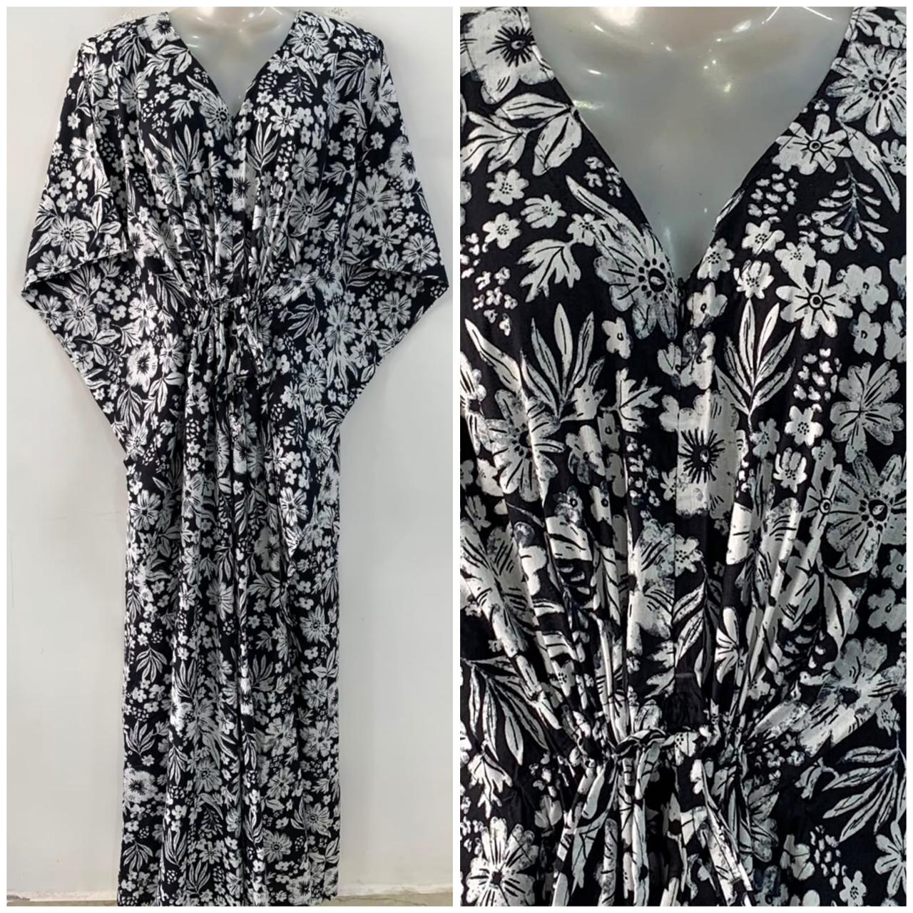 Black Shade White Flower Bunch Print Cotton Maternity Nursing Kaftan