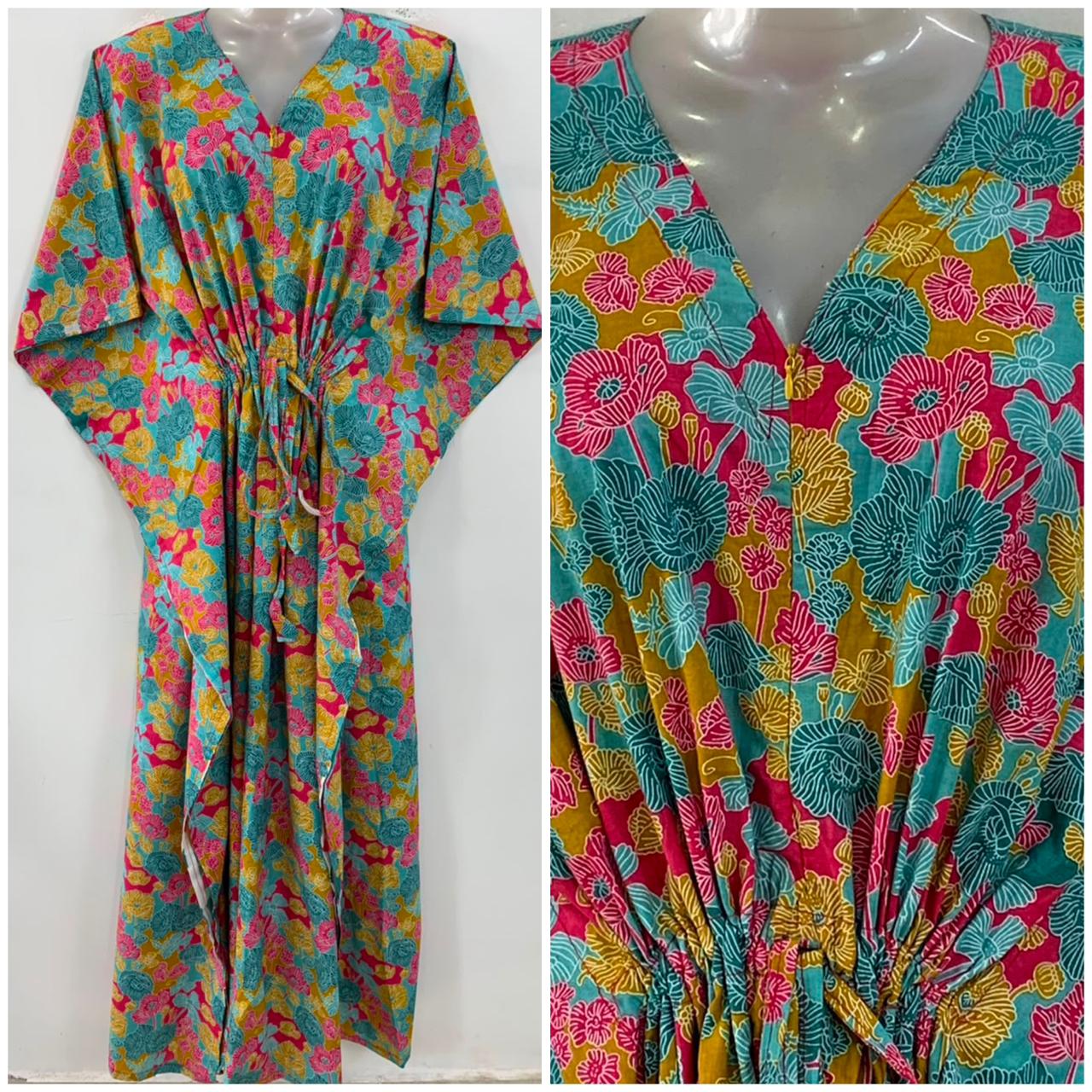 Yellow-Pink Small Digital Flower Print Cotton Maternity Nursing Kaftan