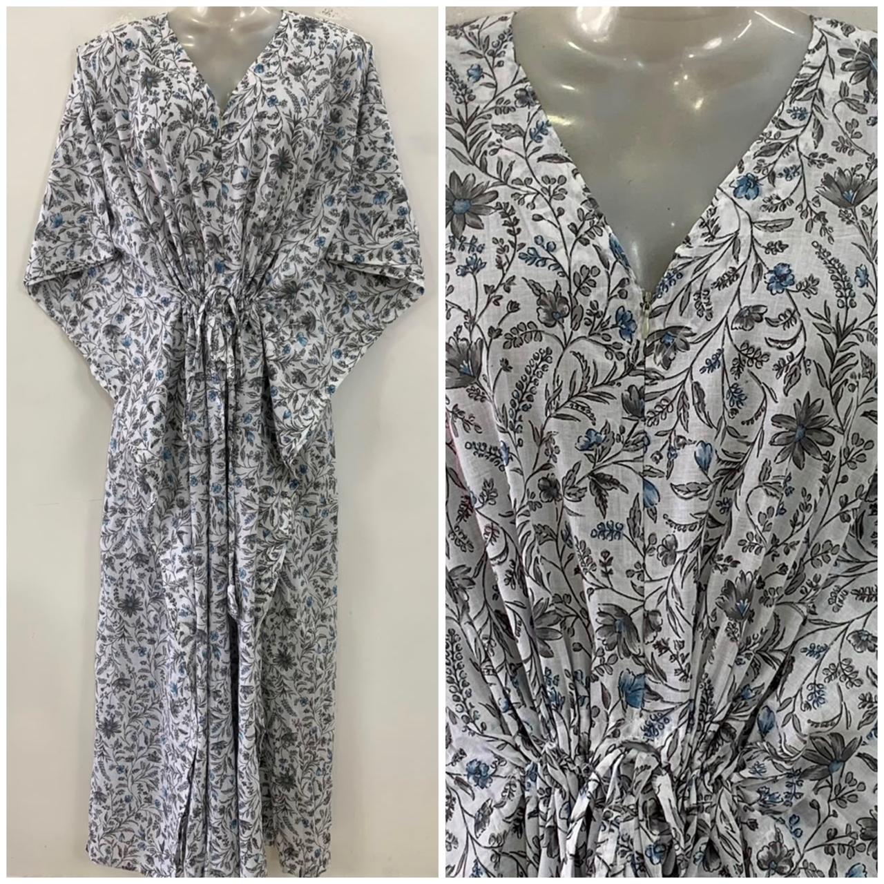White Shade Grey Small Flower Bale Print Cotton Maternity Nursing Kaftan