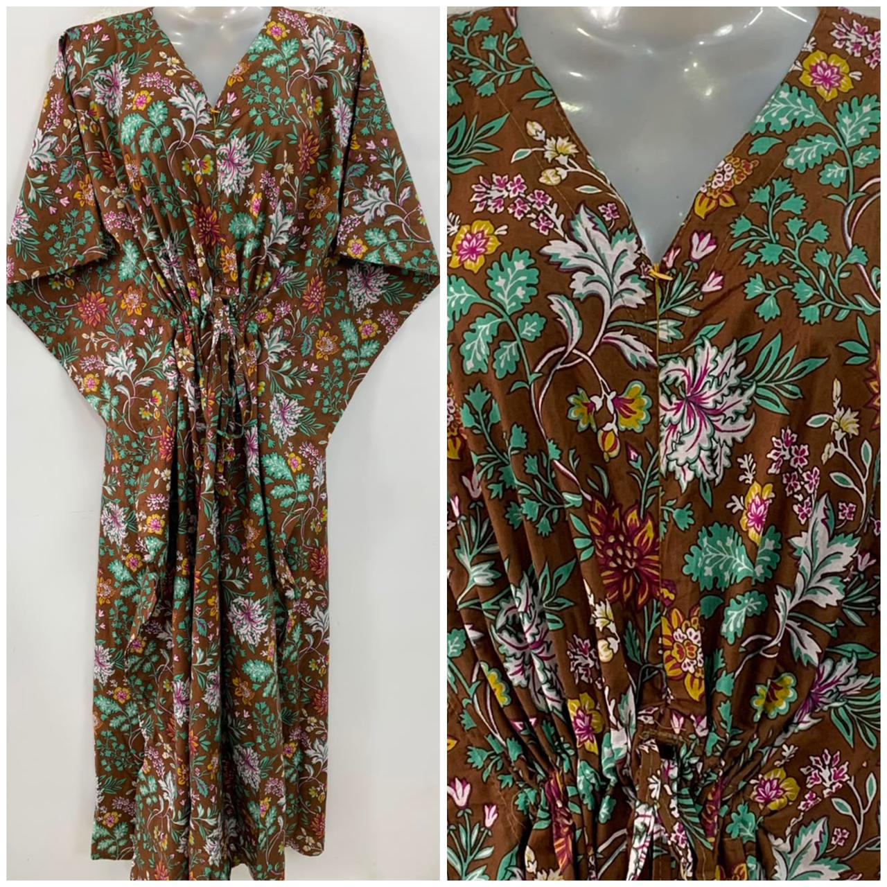 Brown Shade White Flower Jungle Print Cotton Maternity Nursing Kaftan