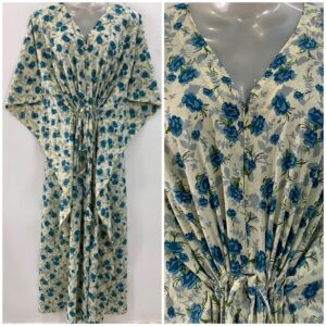 Off White Shade Blue Small Rose Flower Print Cotton Maternity Nursing Kaftan