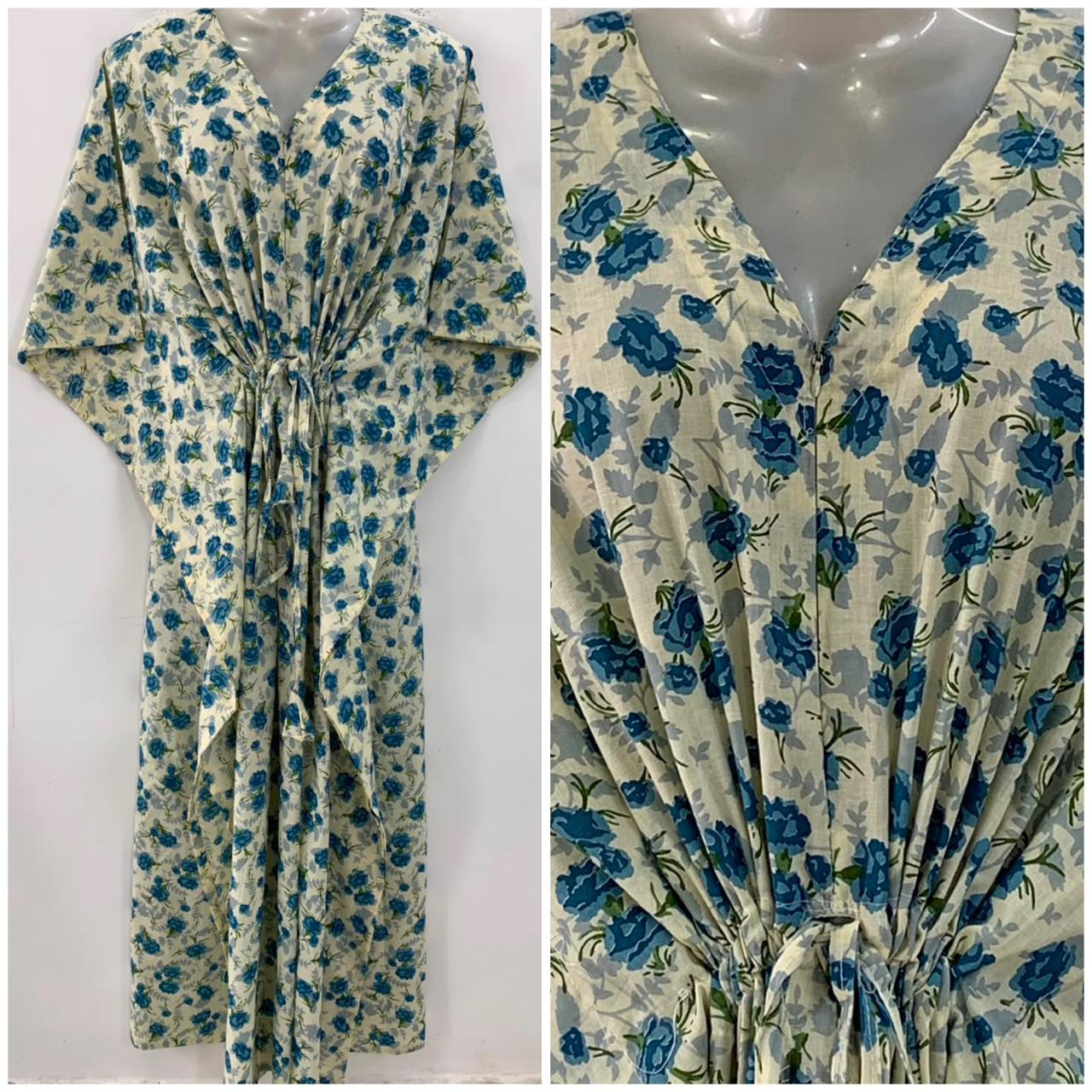 Off White Shade Blue Small Rose Flower Print Cotton Maternity Nursing Kaftan