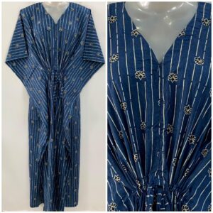 Teal Blue Shade Linning Single Tiny Flower Print Cotton Maternity Nursing Kaftan