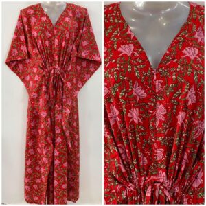 Red Shade Pink Lotus Bale Print Cotton Maternity Nursing Kaftan