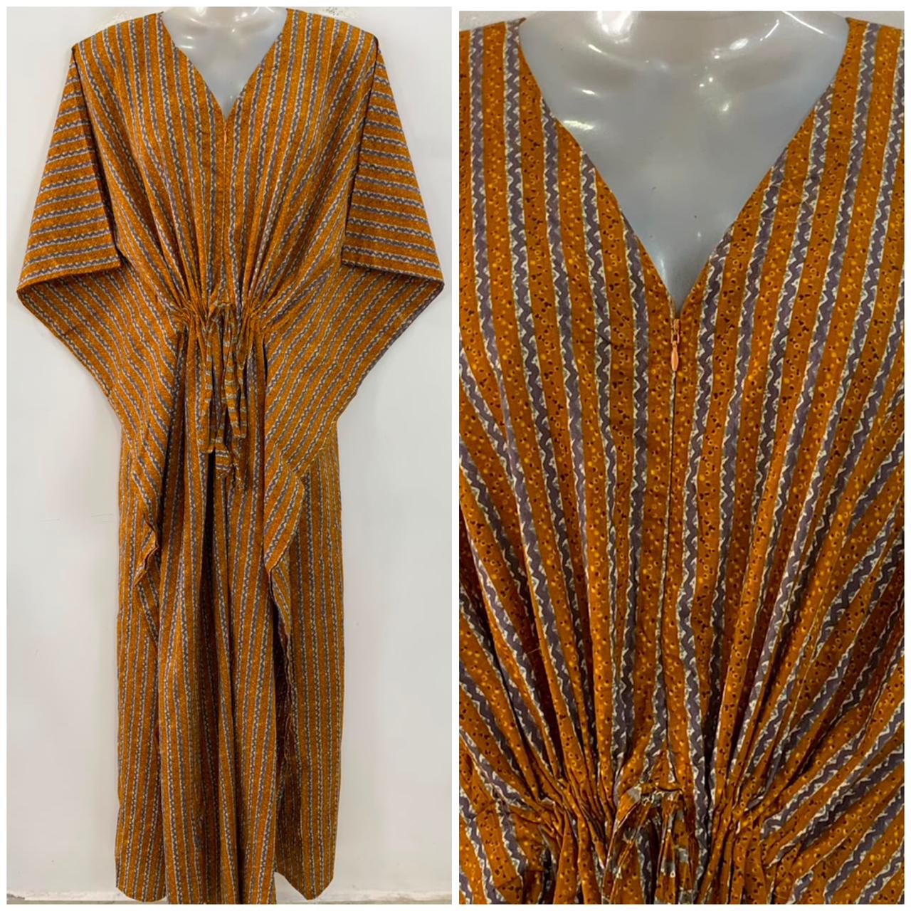 Mustard Brown Shade Linning Print Cotton Maternity Nursing Kaftan
