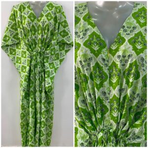 Green Shade Flower Bunch Ikkat Print Cotton Maternity Nursing Kaftan