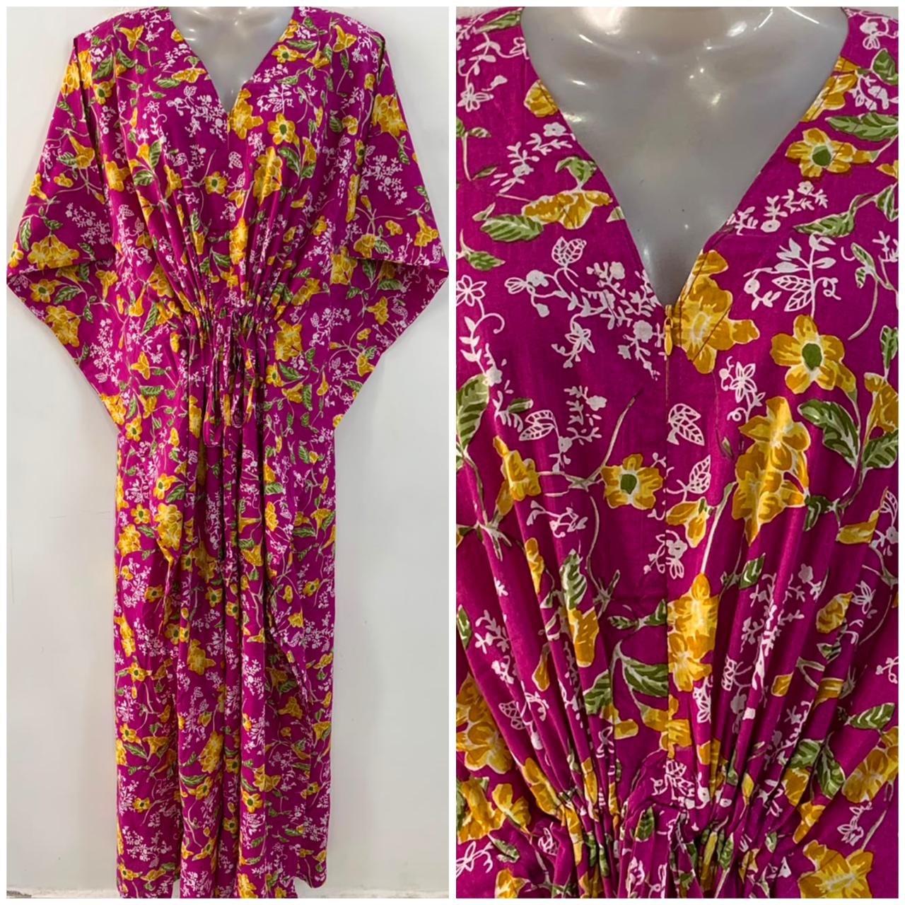 Purple Shade Yellow Kolke Flower Print Cotton Maternity Nursing Kaftan