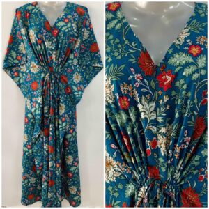 Teal Blue Shade Red-White Flower Jungle Print Cotton Maternity Nursing Kaftan