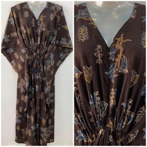 Wood Brown Shade Blue Bell Flower Print Cotton Maternity Nursing Kaftan