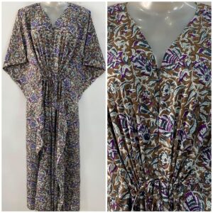 Brown Shade Purple Kalamkari Print Cotton Maternity Nursing Kaftan