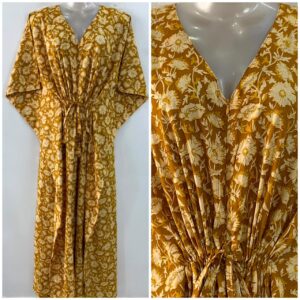 Mustard Yellow Shade Small Poppy Flower Print Cotton Maternity Nursing Kaftan