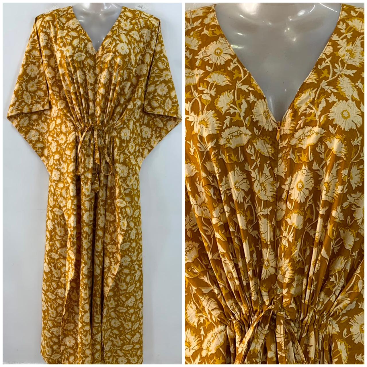Mustard Yellow Shade Small Poppy Flower Print Cotton Maternity Nursing Kaftan