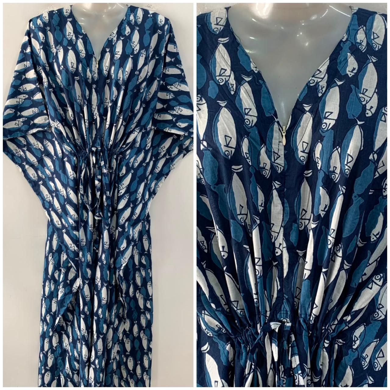 Indigo Shade Fishy Print Cotton Maternity Nursing Kaftan