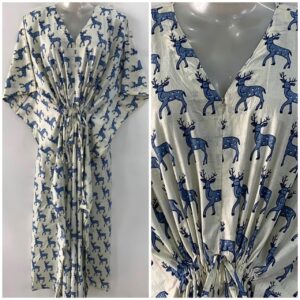 White Shade Blue Rein Deer Print Cotton Maternity Nursing Kaftan