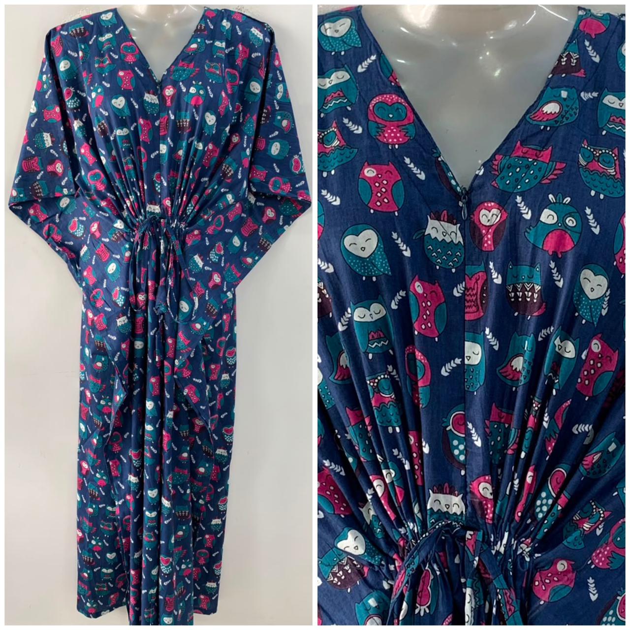 Blue Shade Pink Moody Owl Print Cotton Maternity Nursing Kaftan