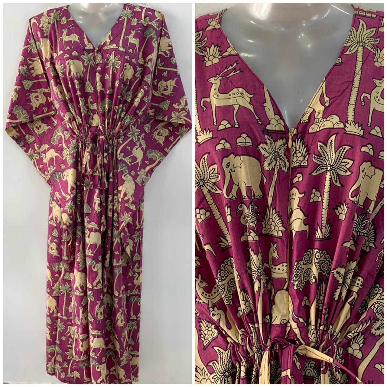 Slate Purple Shade Camel-Deer Print Cotton Maternity Nursing Kaftan