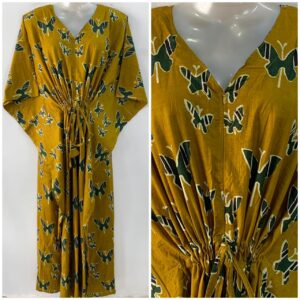 Mustard Yellow Shade Green Butterfly Print Cotton Maternity Nursing Kaftan