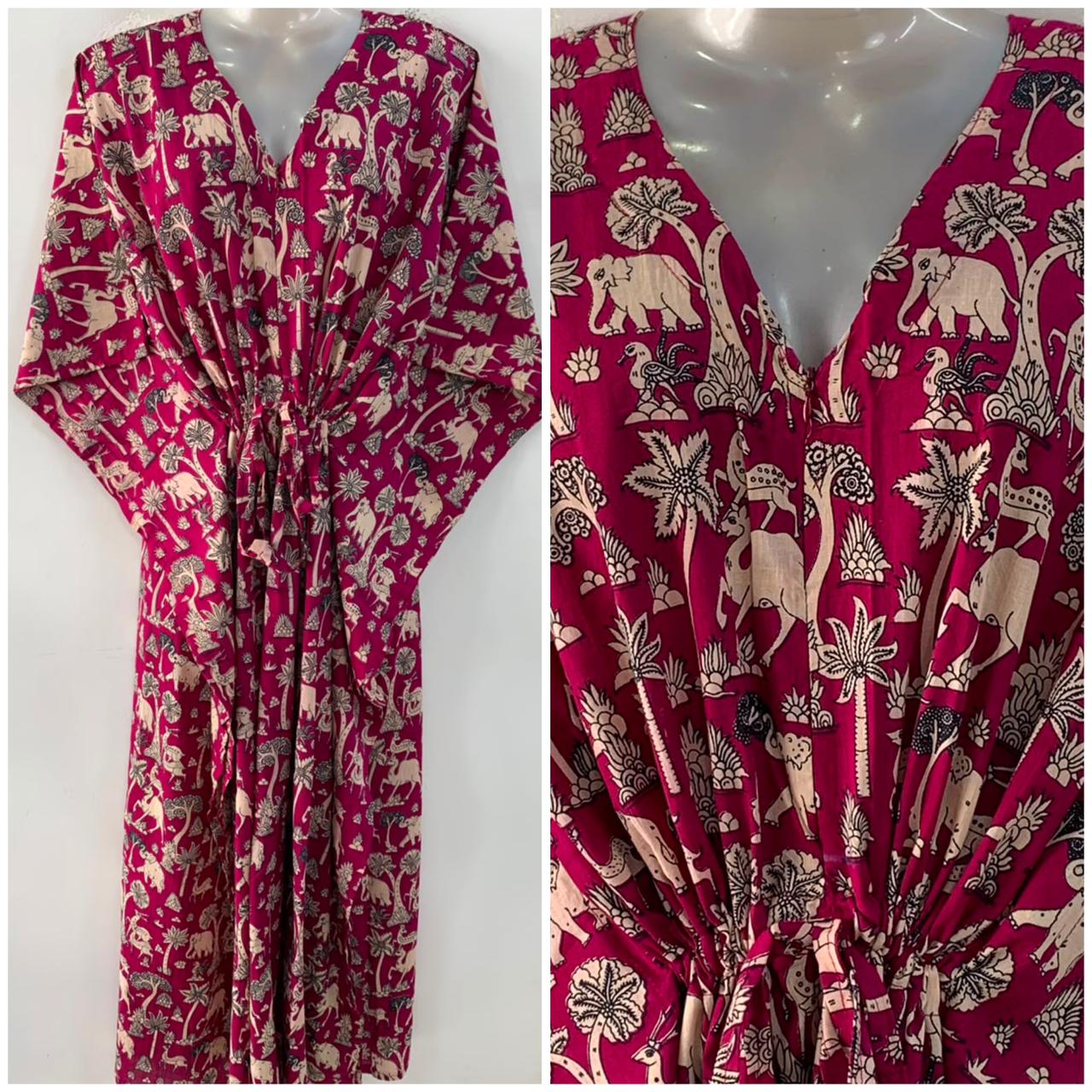 Magenta Pink Shade Camel-Deer Print Cotton Maternity Nursing Kaftan