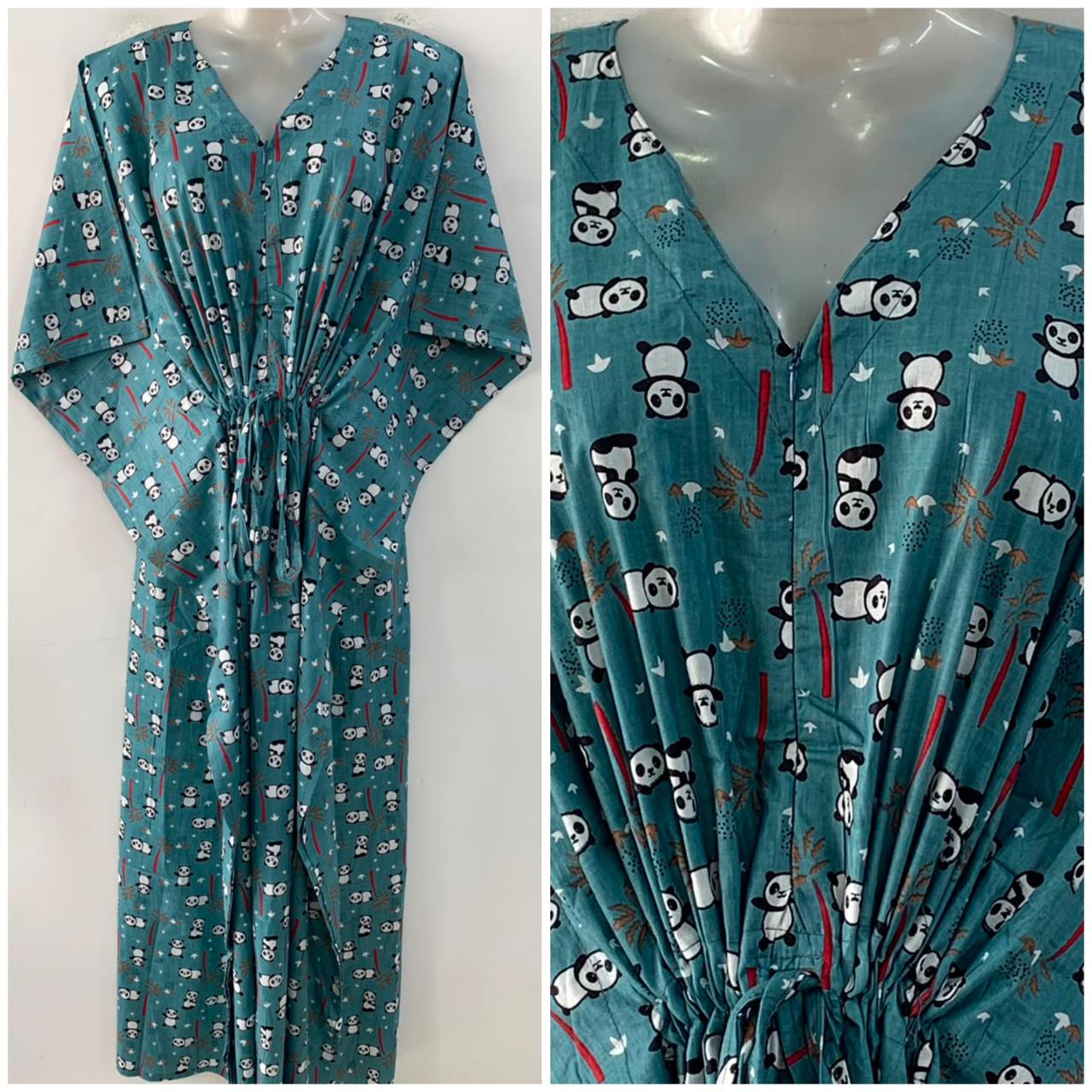 Slate Blue Panda Print Cotton Maternity Nursing Kaftan