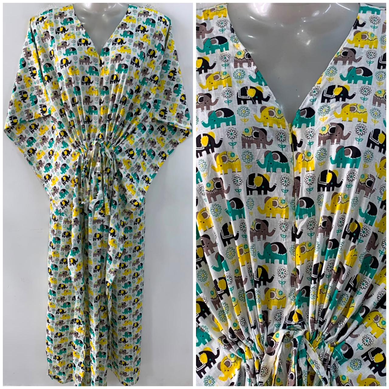 Yellow-Black Toy Elephant Print Cotton Maternity Nursing Kaftan