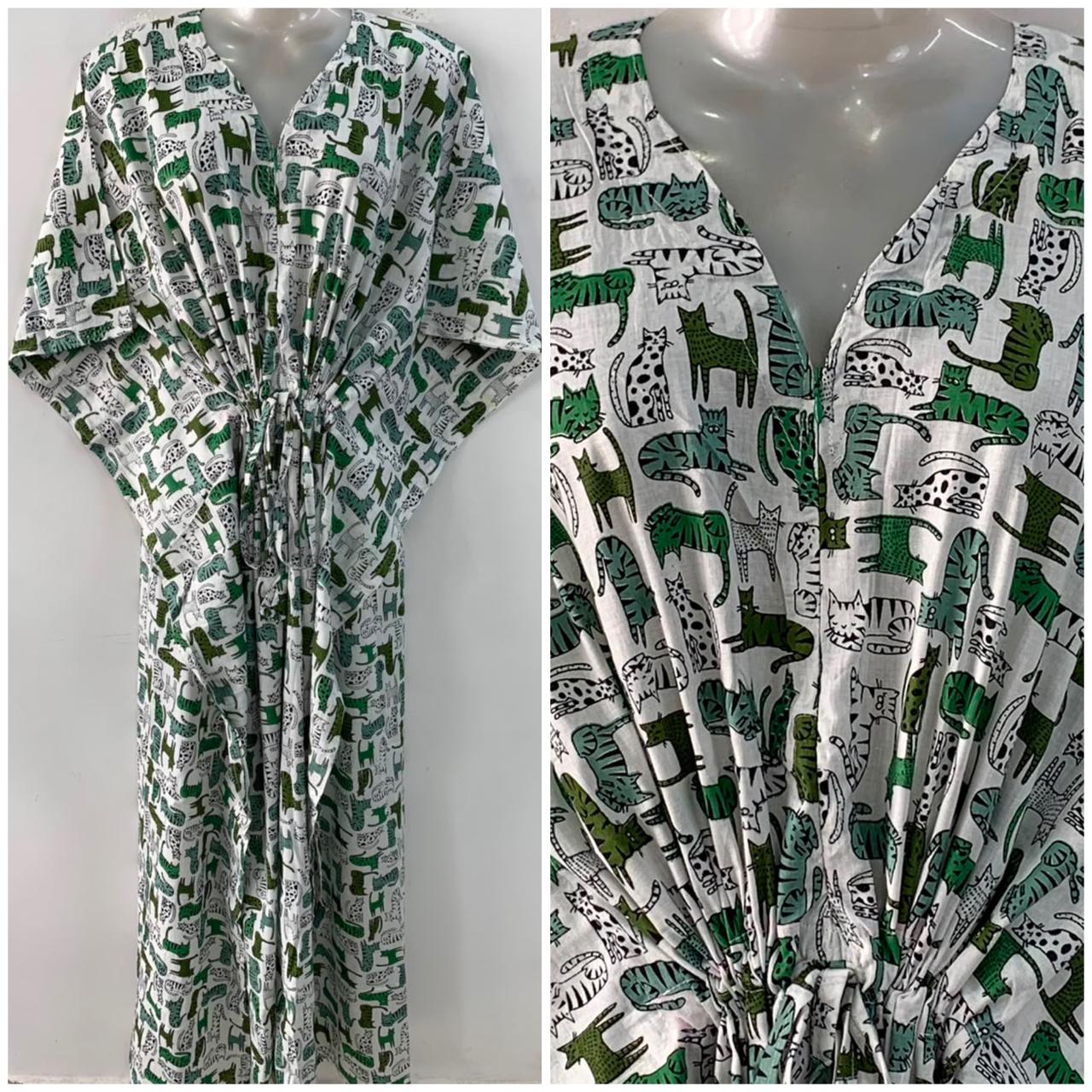 Green Shade Kitty Cat Print Cotton Maternity Nursing Kaftan
