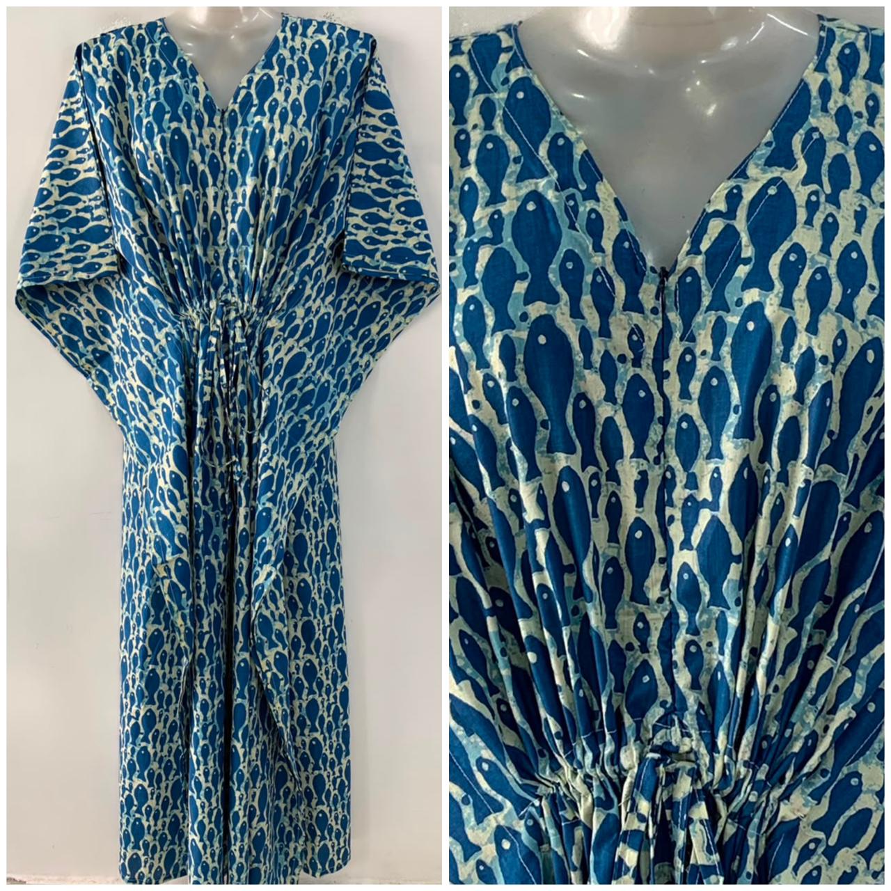 Blue Fishy Print Cotton Maternity Nursing Kaftan