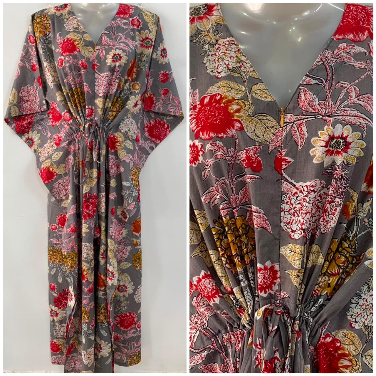 Grey Shade Big Flower Print Cotton Maternity Nursing Kaftan