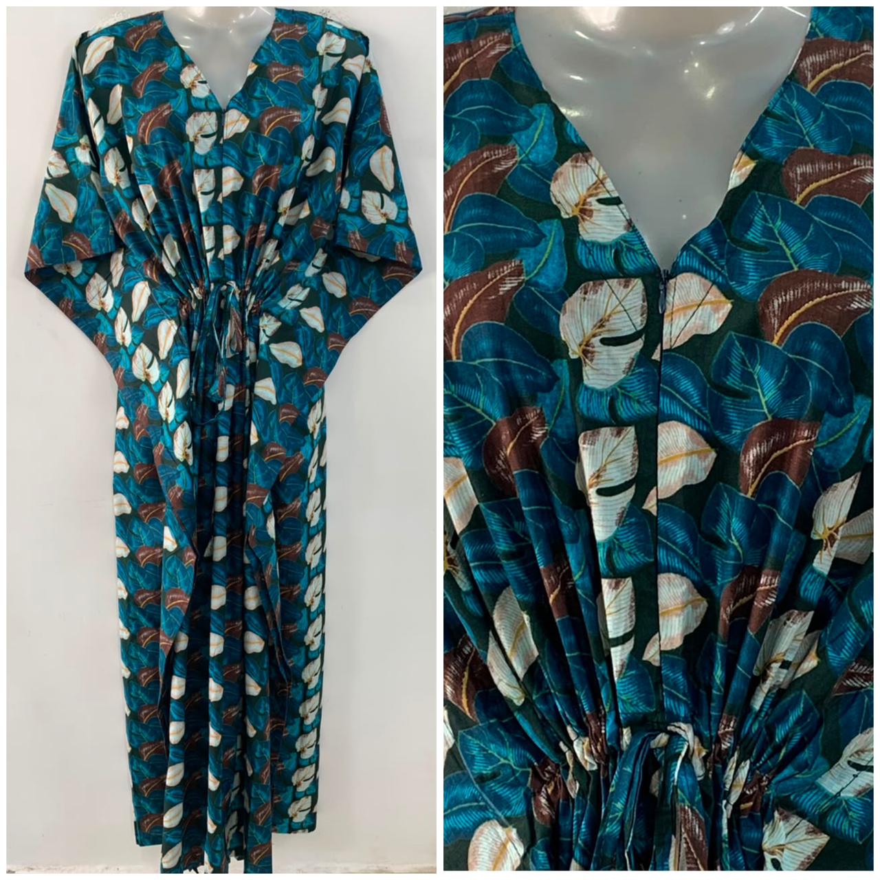 Dark Green shade Blue-Brown Leafy Print Cotton Maternity Nursing Kaftan