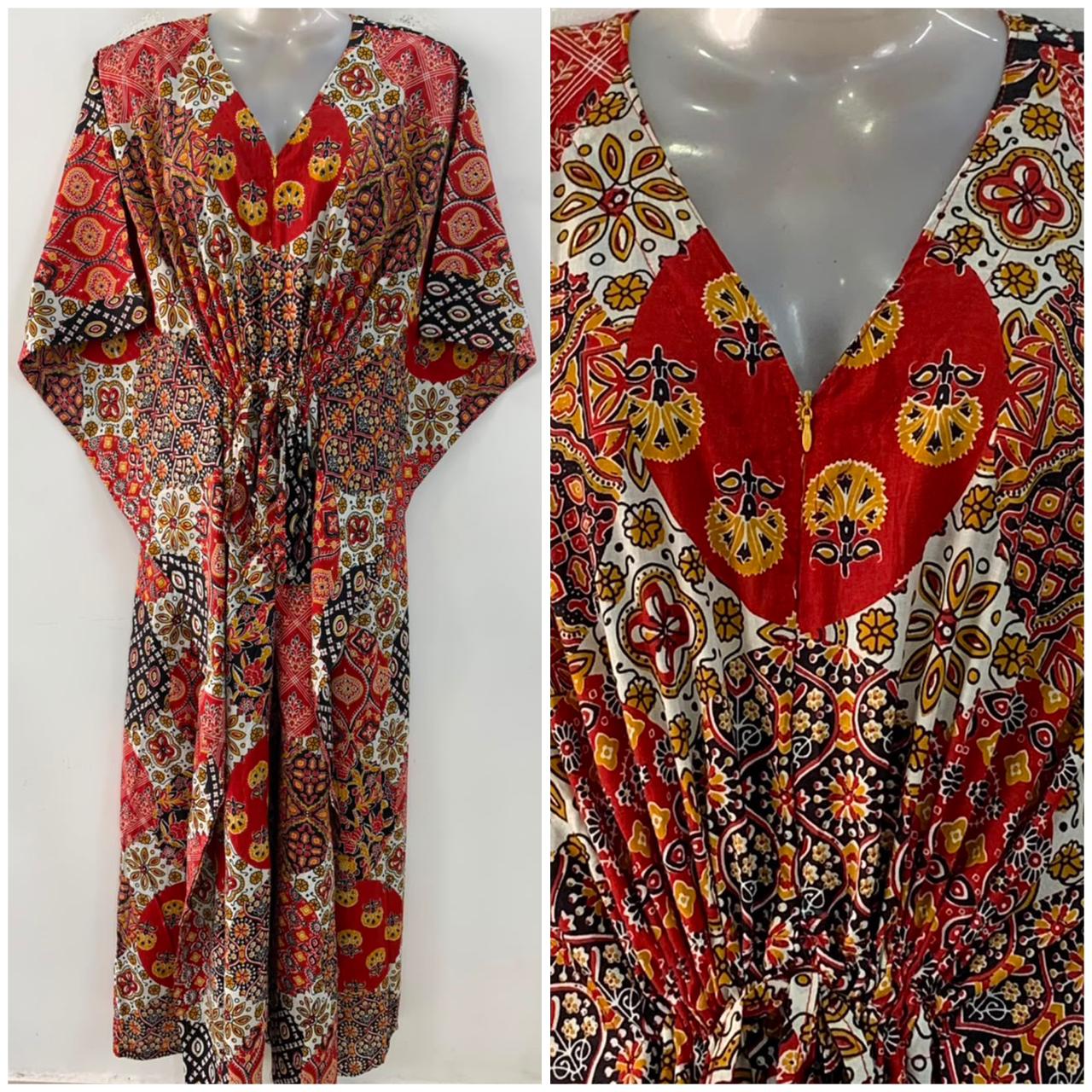 Red-Black Jaipuri Print Cotton Maternity Nursing Kaftan