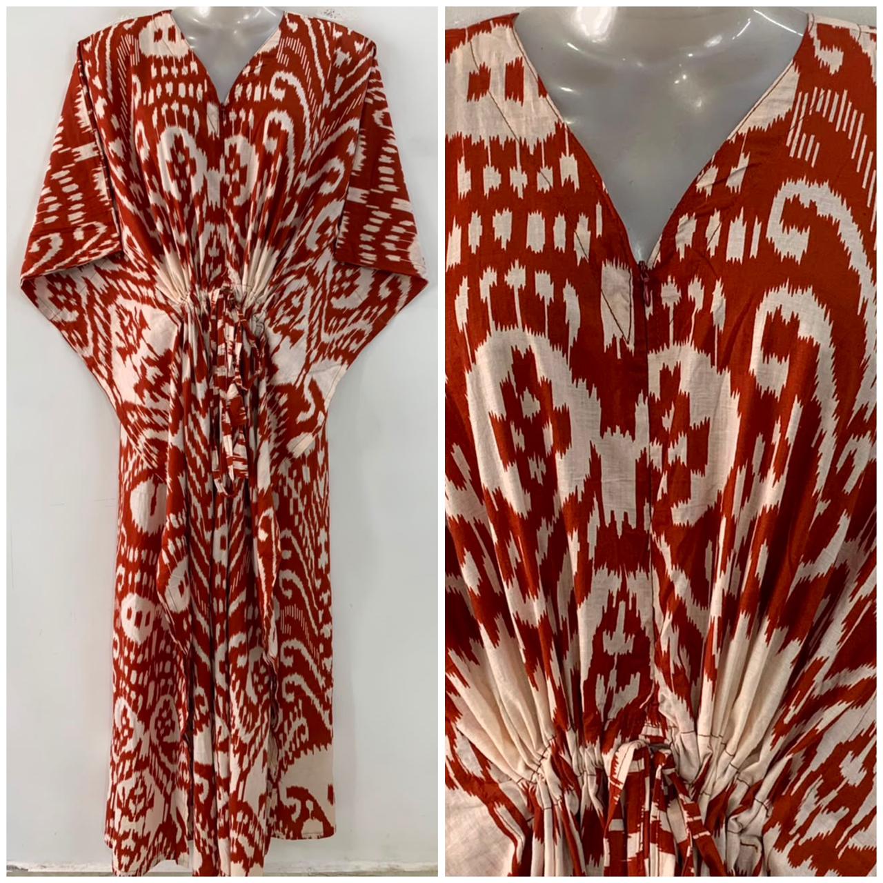 Brick Red Shade Dotted Design Ikkat Print Cotton Maternity Nursing Kaftan