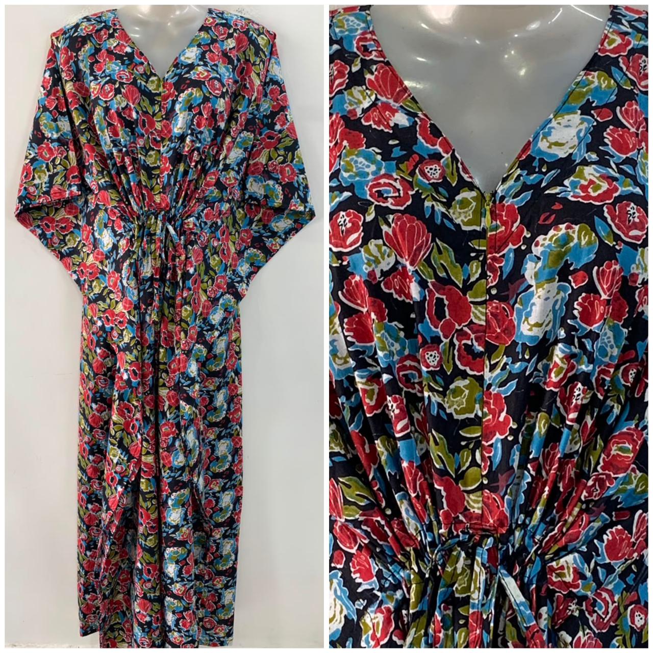 Black Shade Red Rose Garden Print Cotton Maternity Nursing Kaftan
