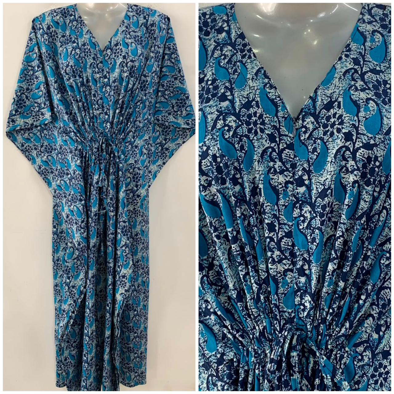 Blue Shade Single Leafy Bale Abstract Print Cotton Maternity Nursing Kaftan