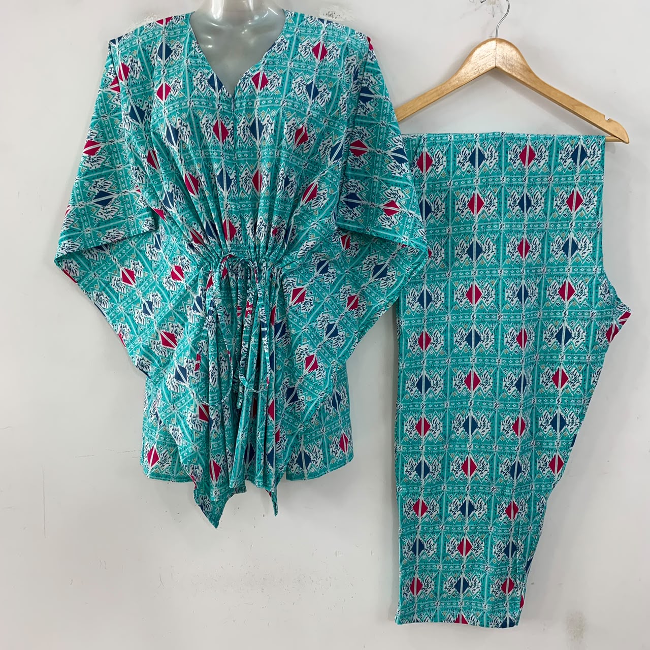 Light Sea Green Pink-Grey Kite Print Cotton Maternity Kaftan Co-Ord Set