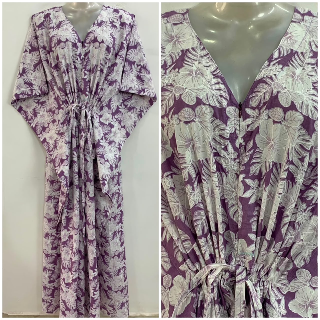 Purple shade White Hibiscus Leafy Print Cotton Maternity Nursing Kaftan