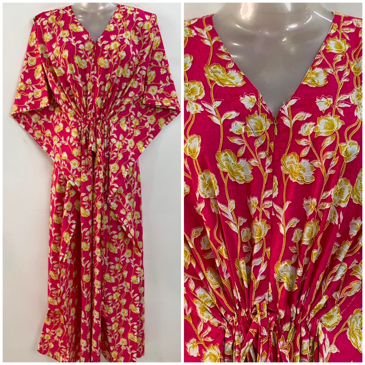 Pink Shade Yellow Flower Bale Print Cotton Maternity Nursing Kaftan