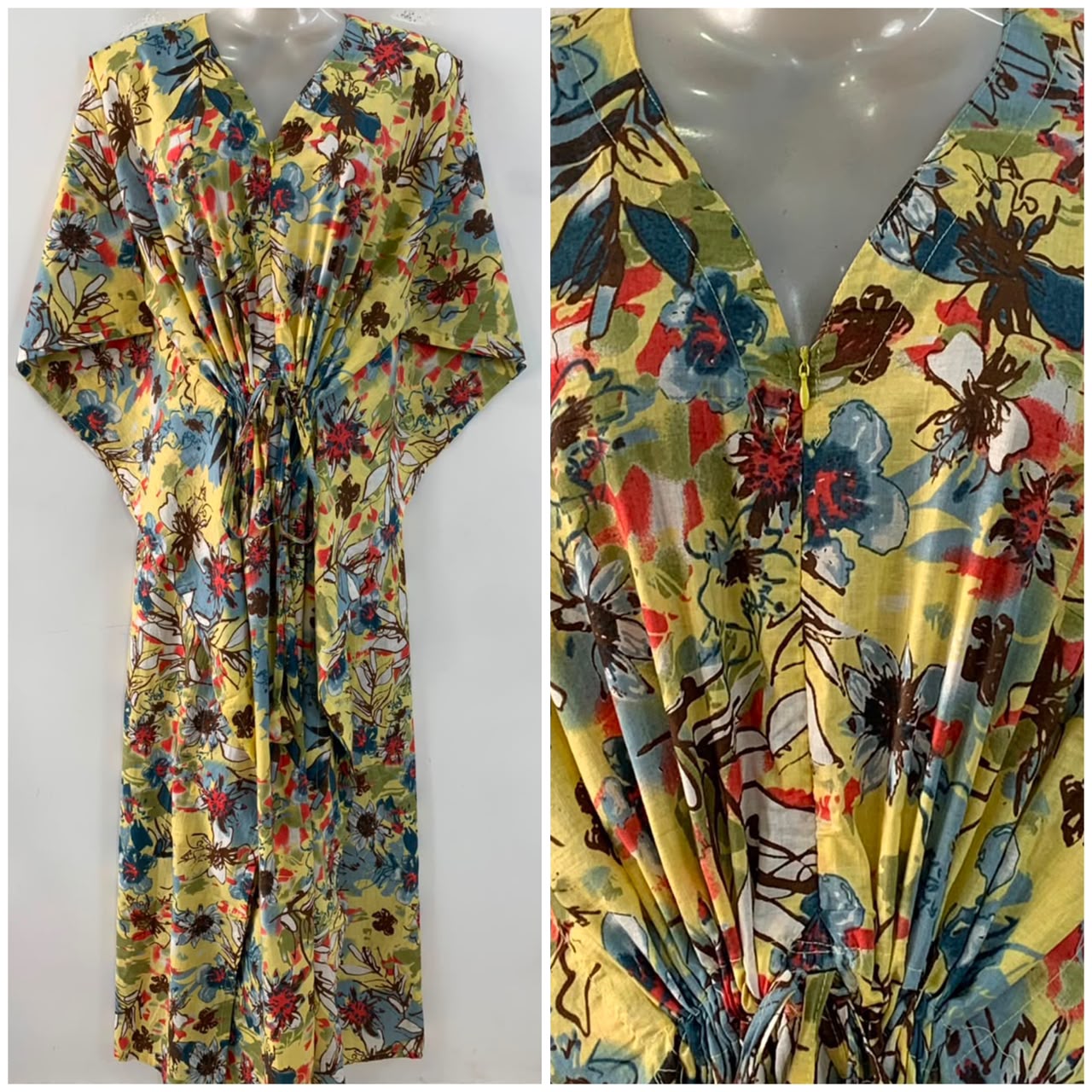 Blue-Yellow Abstract Painted Print Cotton Maternity Nursing Kaftan