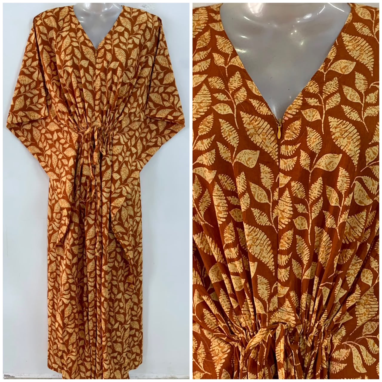 Matt Brown shade Leafy Print Cotton Maternity Nursing Kaftan