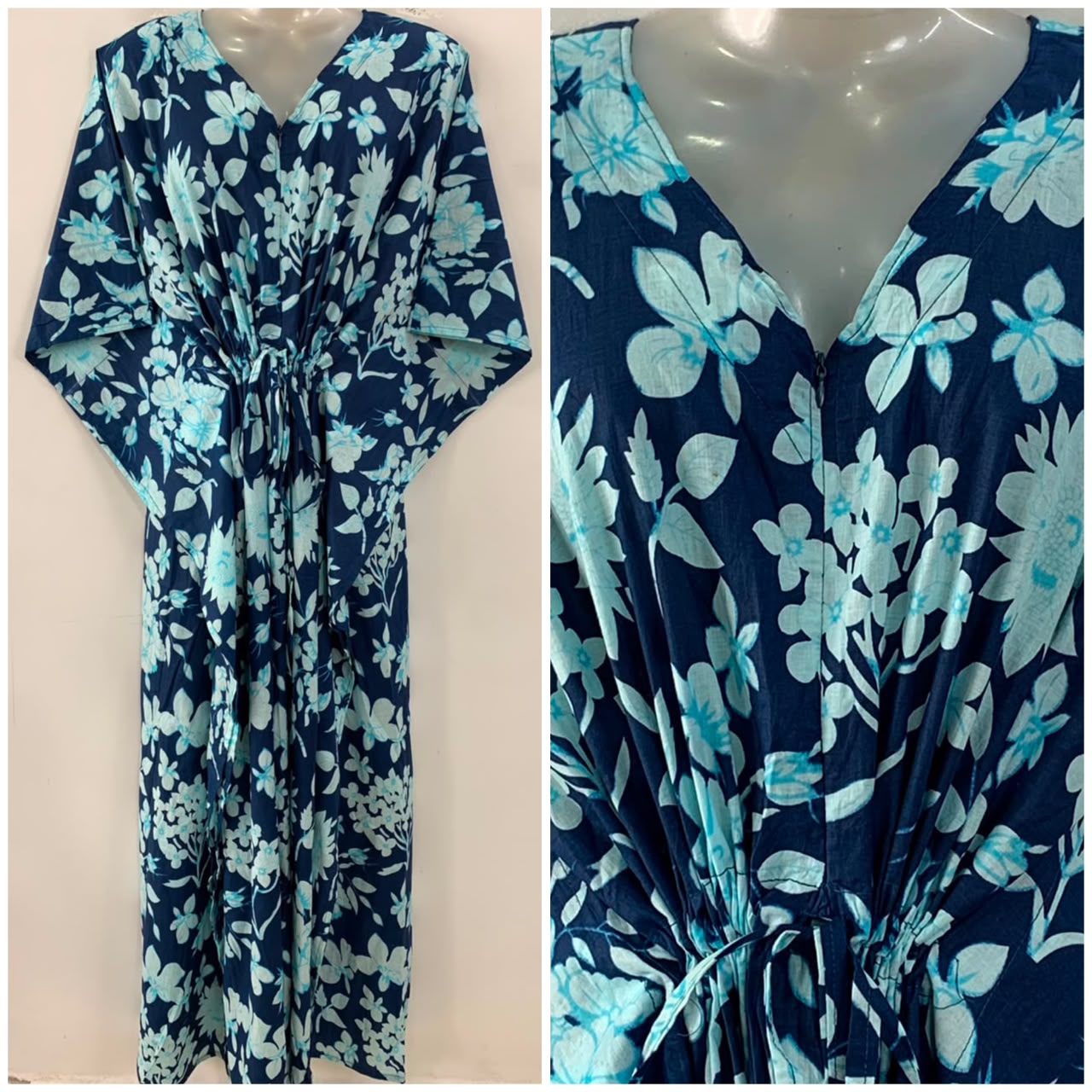 Dark Blue shade Fall Flower Print Cotton Maternity Nursing Kaftan