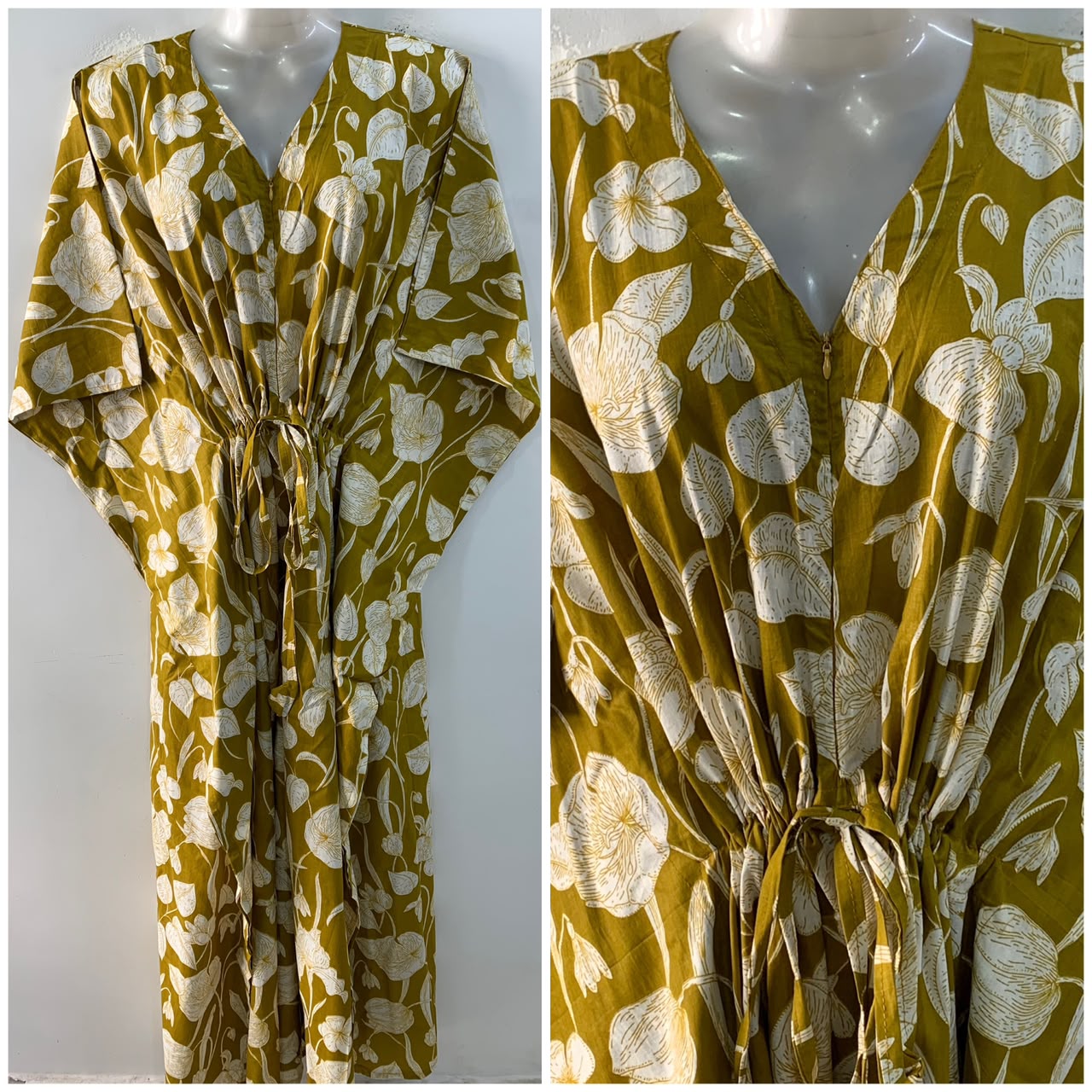 Mustard Yellow Cotton Flower Print Cotton Maternity Nursing Kaftan