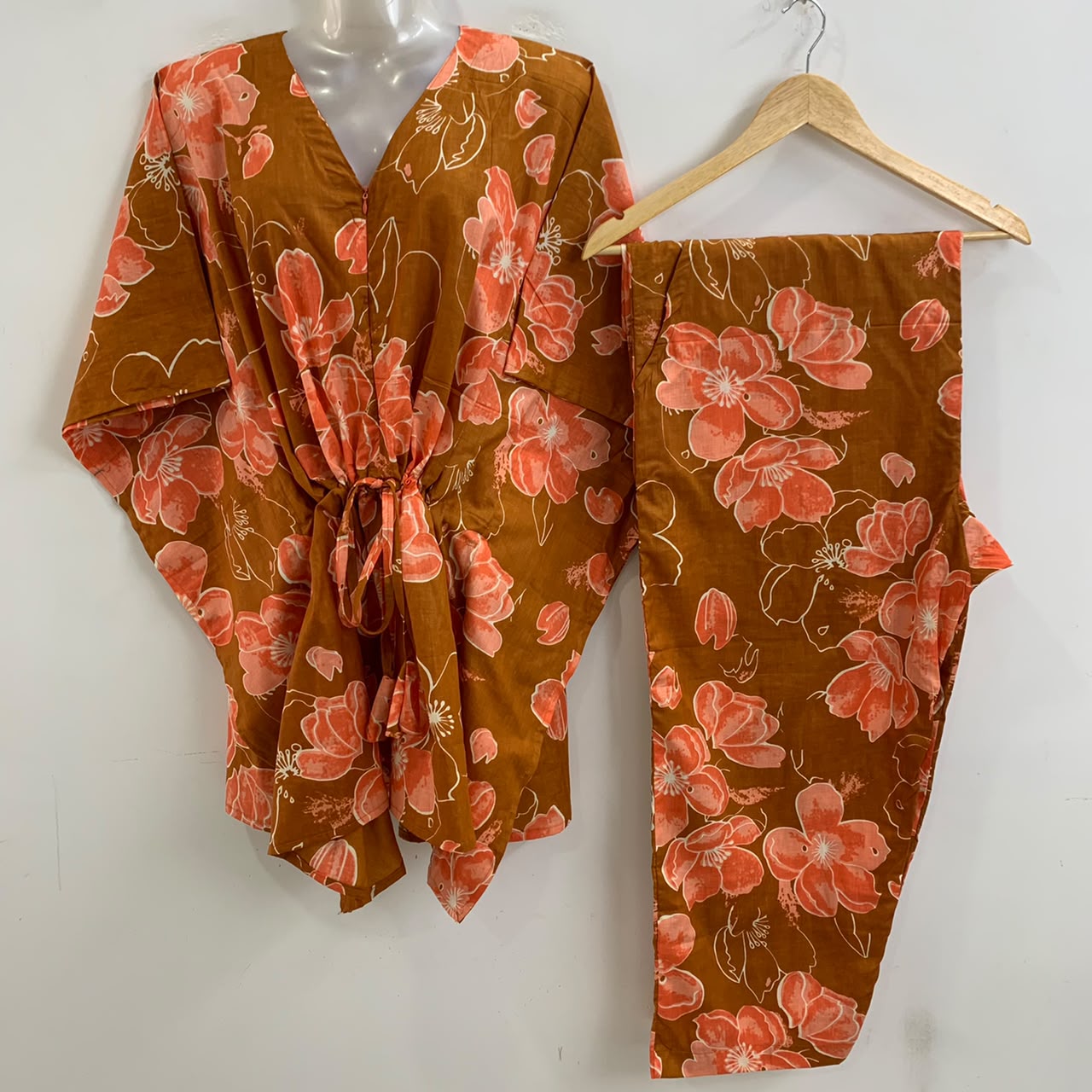 Brown Shade Orange Glowy Flower Print Cotton Maternity Kaftan Co-Ord Set